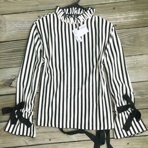 Zara Black and White Striped Blouse with Ruffle Neck